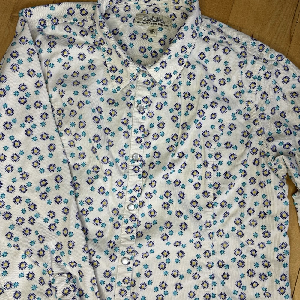 Women's Cabelas Corduroy‎ Shirt Pearl Snap Floral Large Western Cottage Cowgirl